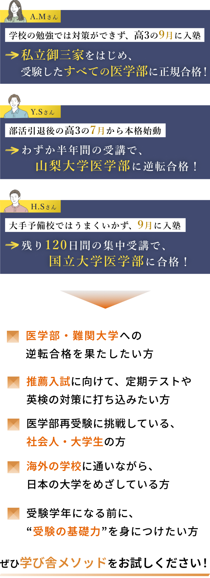 医学部・難関大学への逆転合格を果たしたい方は、ぜひ学び舎メソッドをお試しください！