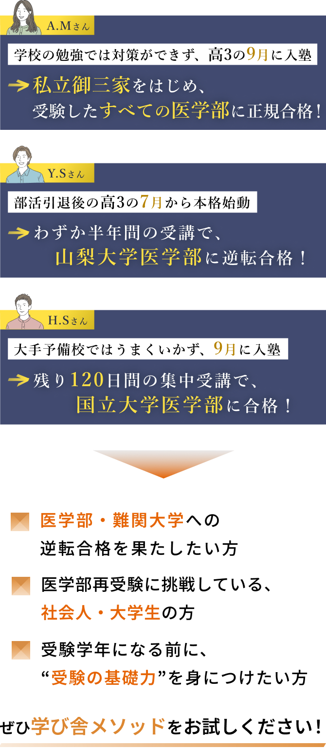 医学部・難関大学への逆転合格を果たしたい方は、ぜひ学び舎メソッドをお試しください！